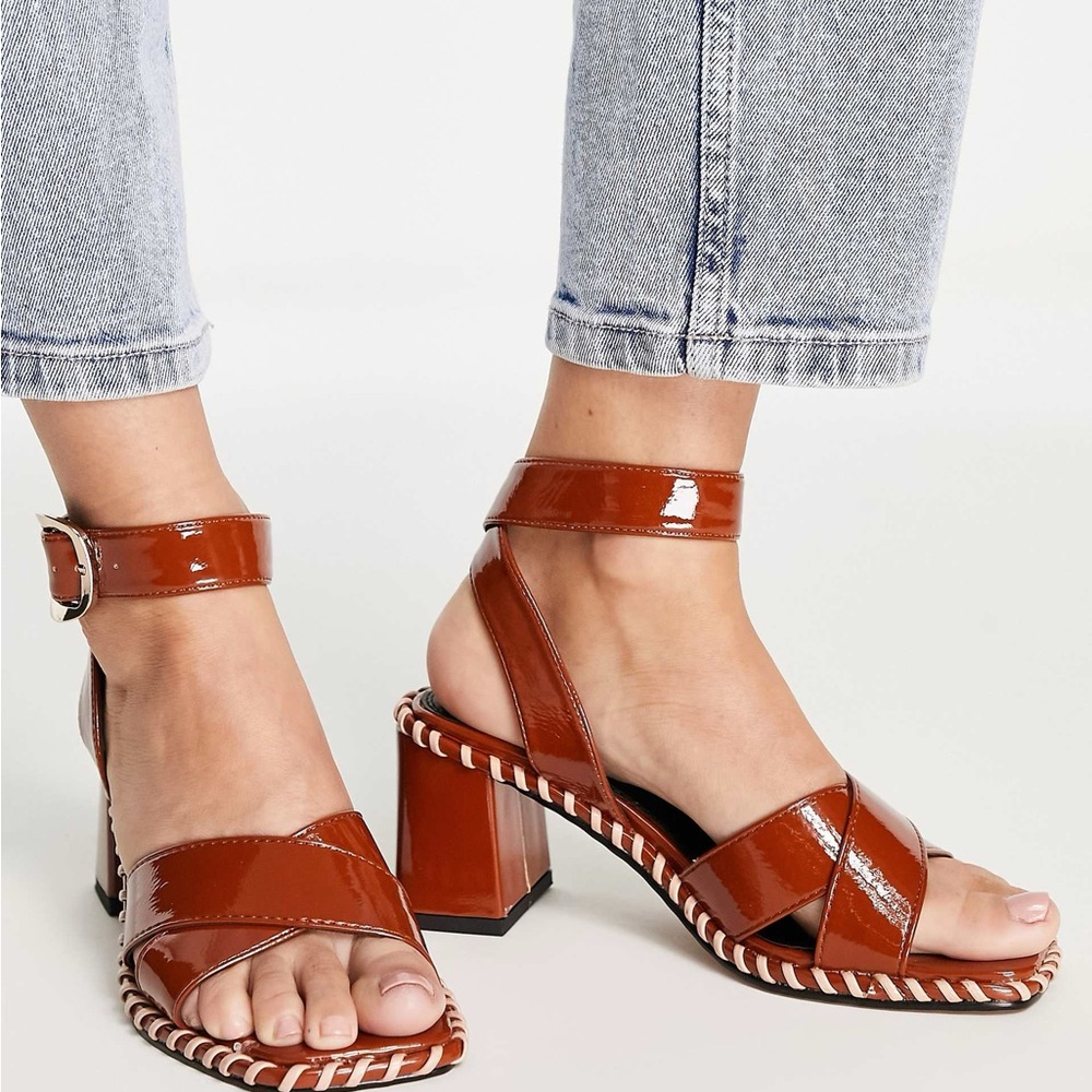 ASOS Design Hayward Block Sandal in Tan with White Stitch